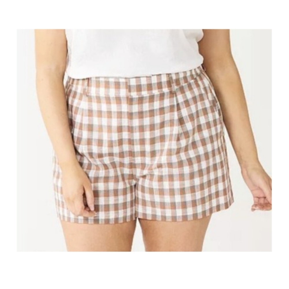 Nine West High Rise Walking Shorts XL Mocha Frosting Plaid Like NEW AR-1865